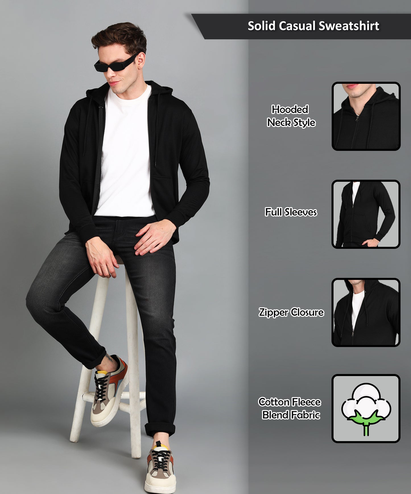 Men’s Plain Comfortable & Stylish Zipper Hooded Hoodie Sweatshirt