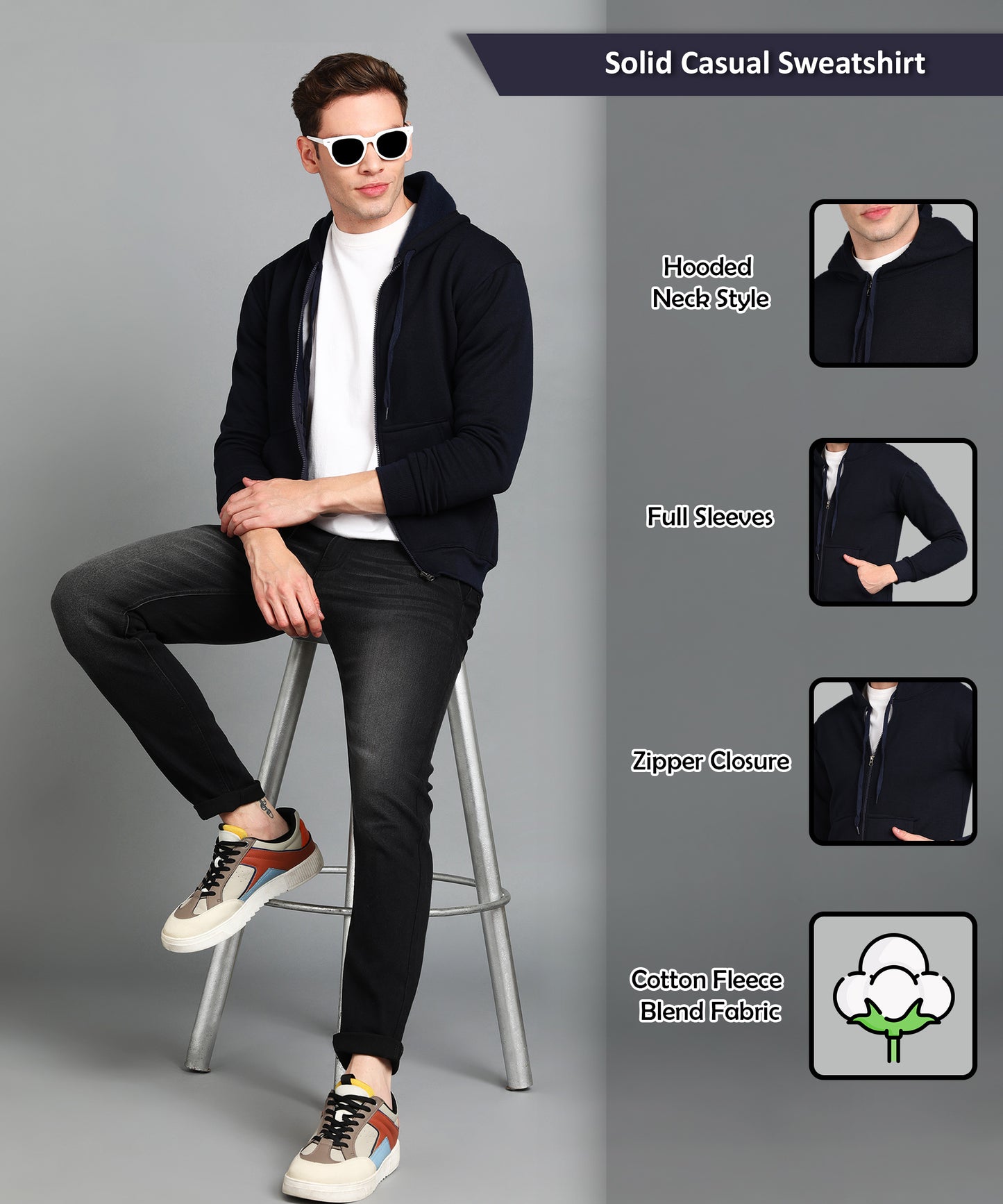 Men’s Plain Comfortable & Stylish Zipper Hooded Hoodie Sweatshirt