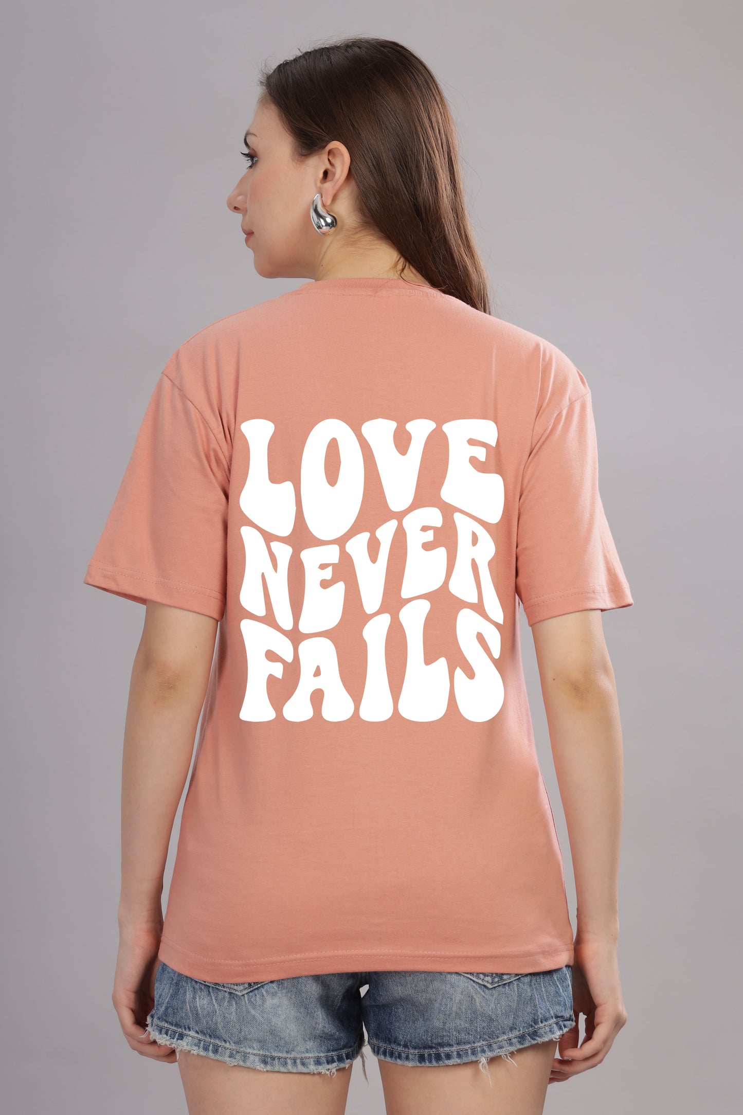 Love Never Fails Women’s Back Printed Oversized Baggy Fit T-Shirt | Trendy Cotton Tee