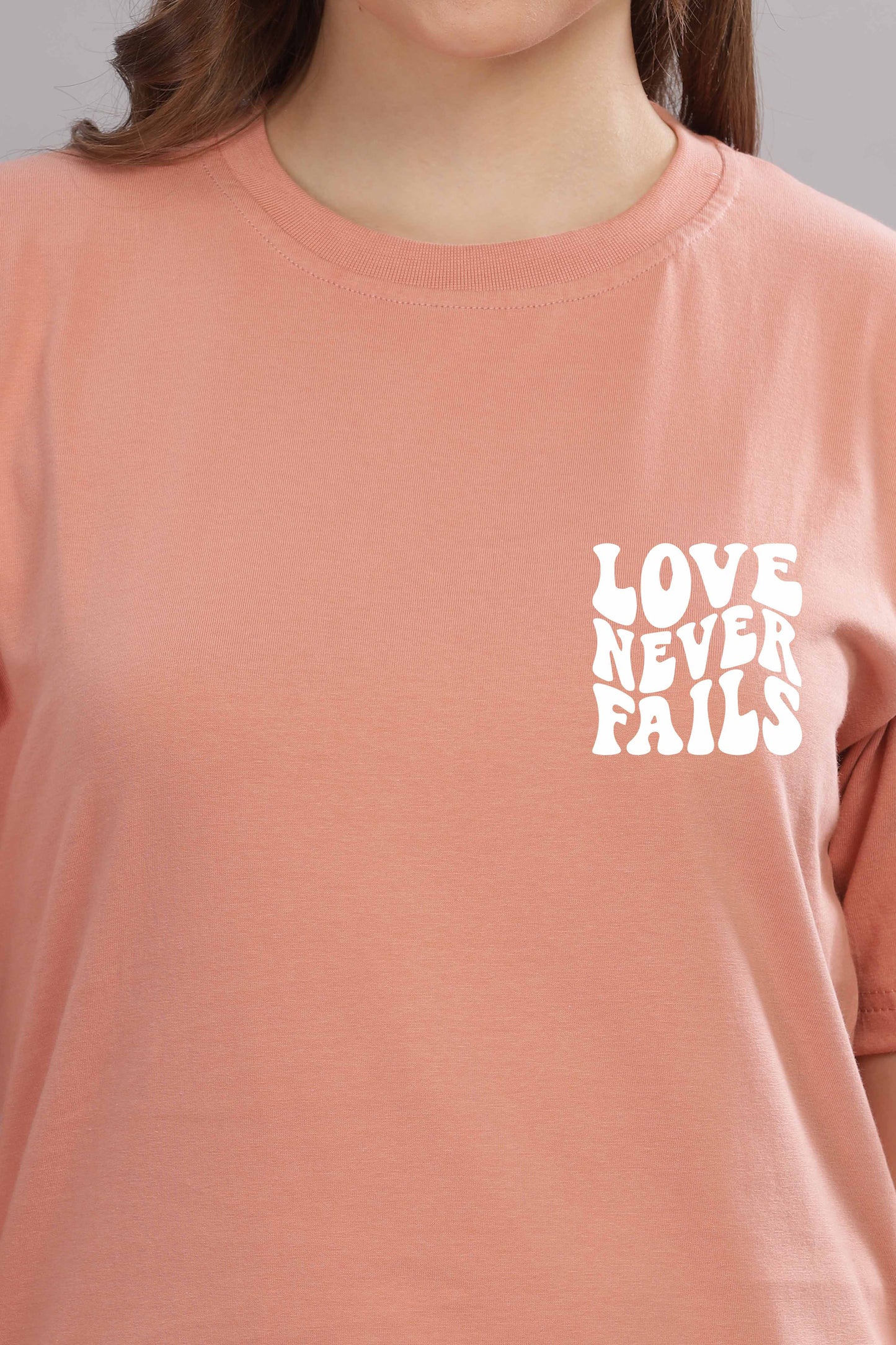 Love Never Fails Women’s Back Printed Oversized Baggy Fit T-Shirt | Trendy Cotton Tee