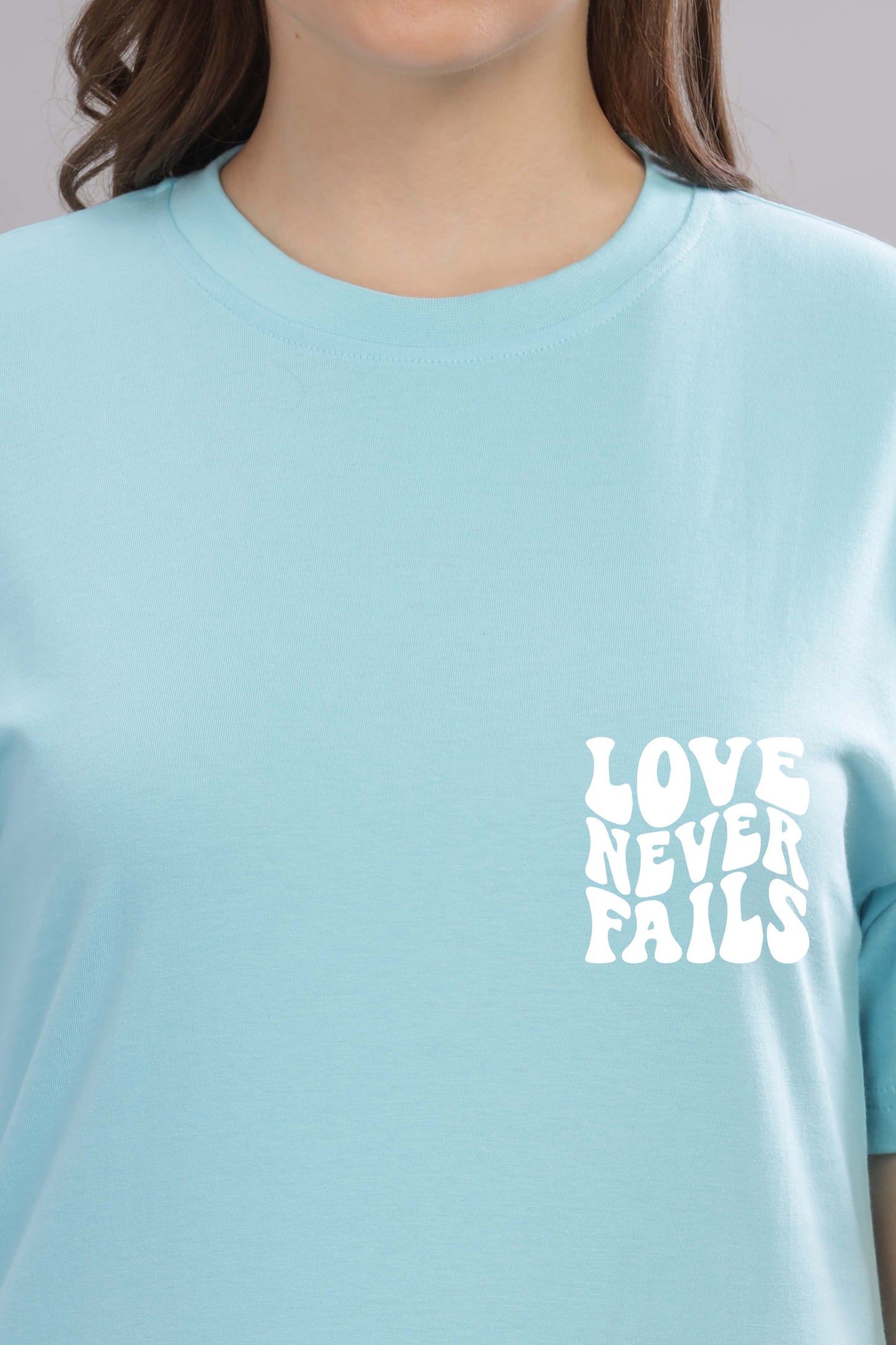 Love Never Fails Women’s Back Printed Oversized Baggy Fit T-Shirt | Trendy Cotton Tee