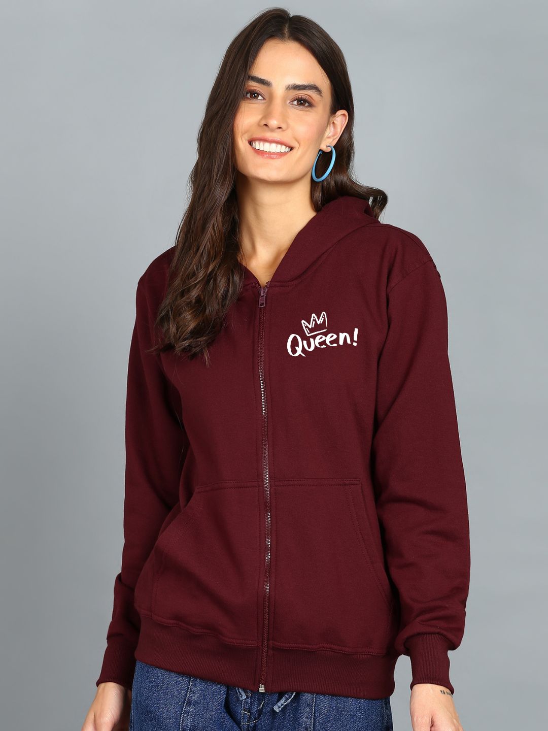 Queen Printed Women's Cotton Full Zipper Sweatshirt Hoodies with Kangaroo Pocket Winter Wear Hooded Neck Sweatshirt