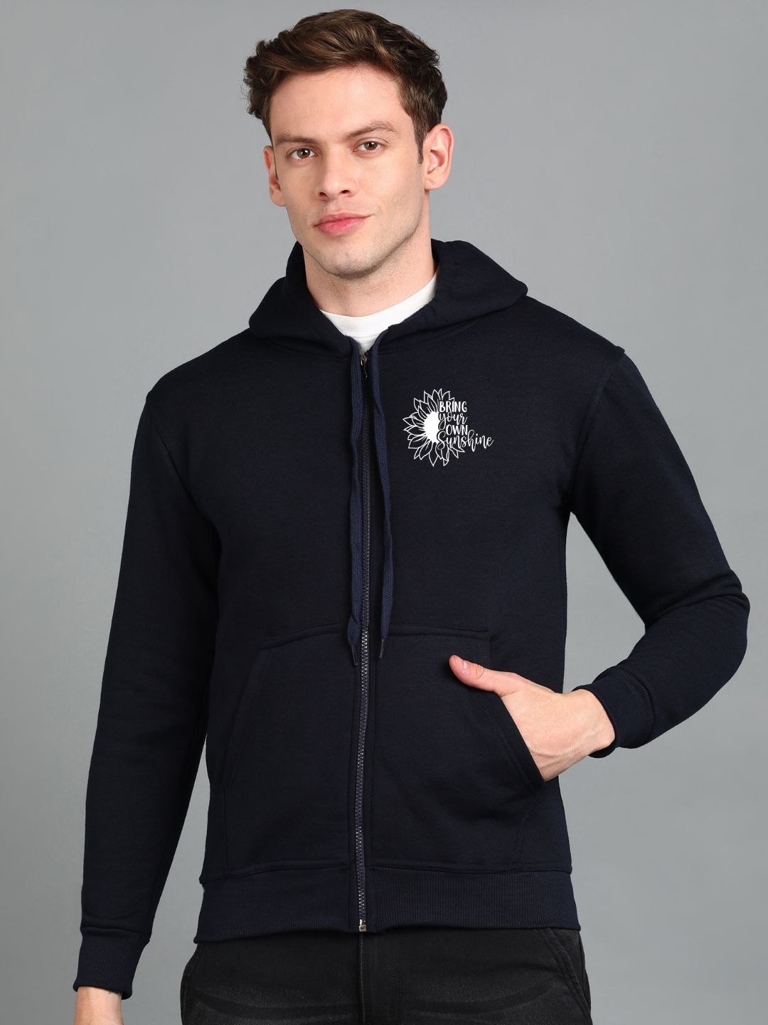 Sunshine Printed Men Winter Full Sleeve Zipper Hooded Hoodie with 2 Kangaroo Pockets