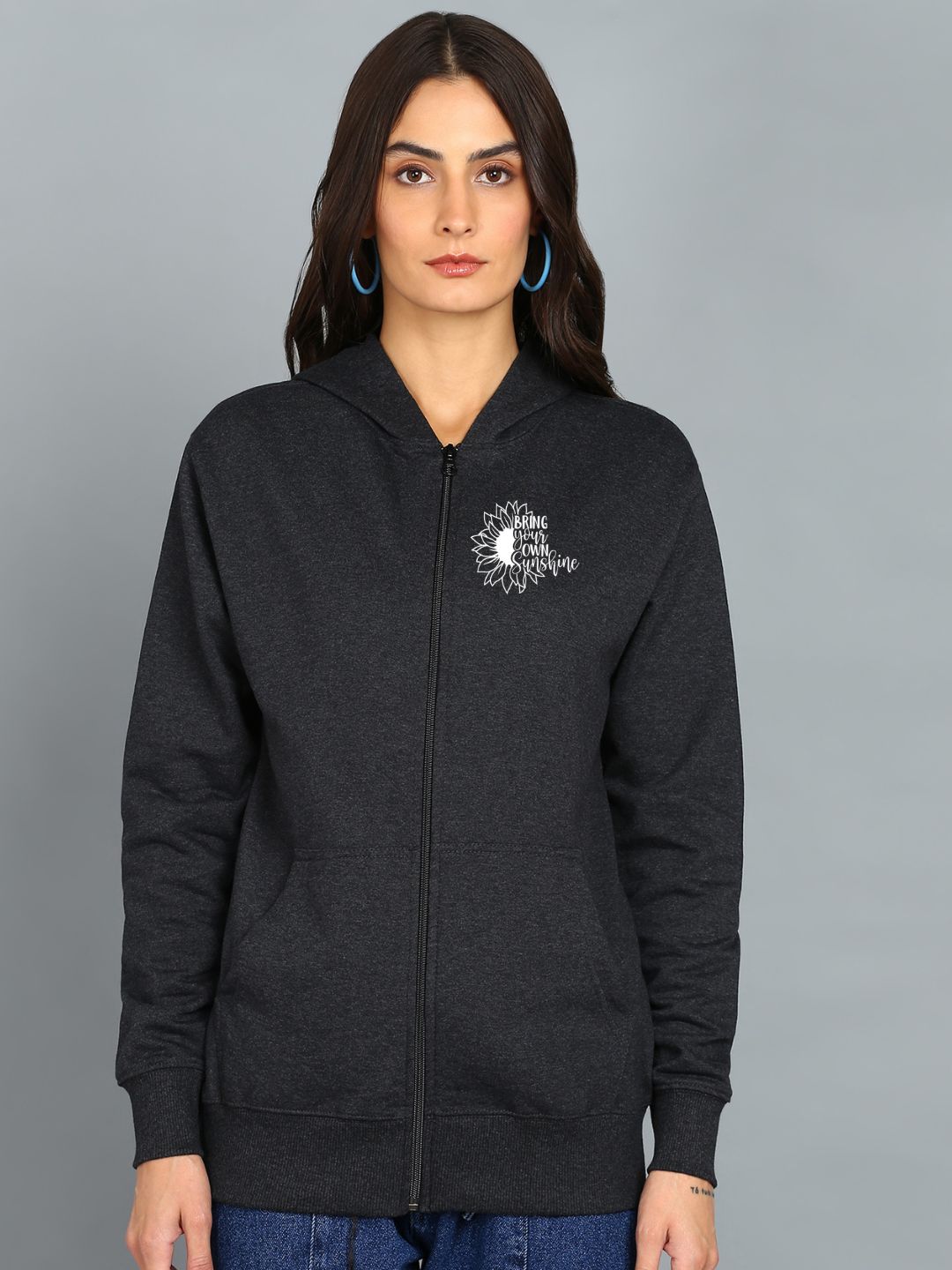 Sunshine Printed Women's Cotton Full Zipper Sweatshirt Hoodies with Kangaroo Pocket Winter Wear Hooded Neck Sweatshirt