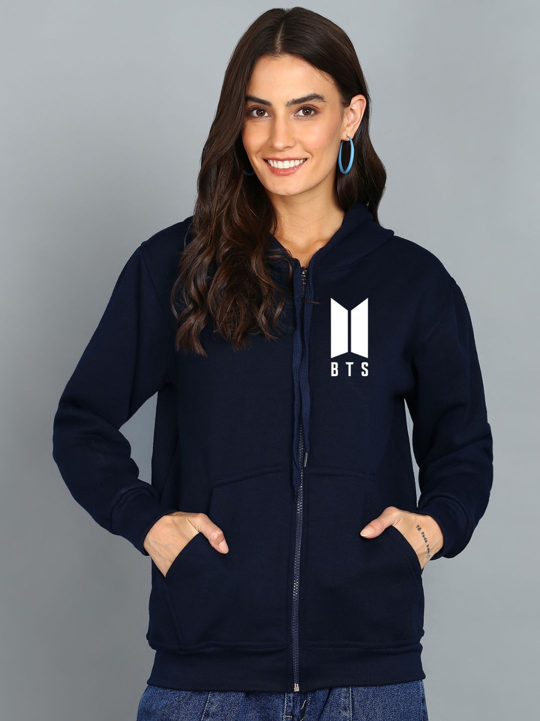 Women's Cotton Full Zipper Sweatshirt Hoodies with Kangaroo Pocket Winter Wear Hooded Neck Sweatshirt