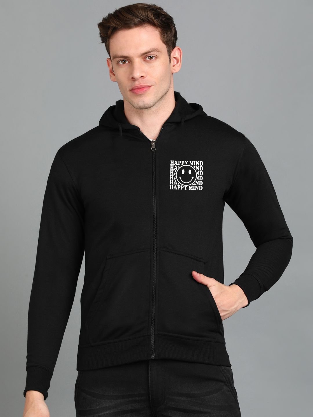 Happy Mind Printed Men Winter Full Sleeve Zipper Hooded Hoodie with 2 Kangaroo Pockets