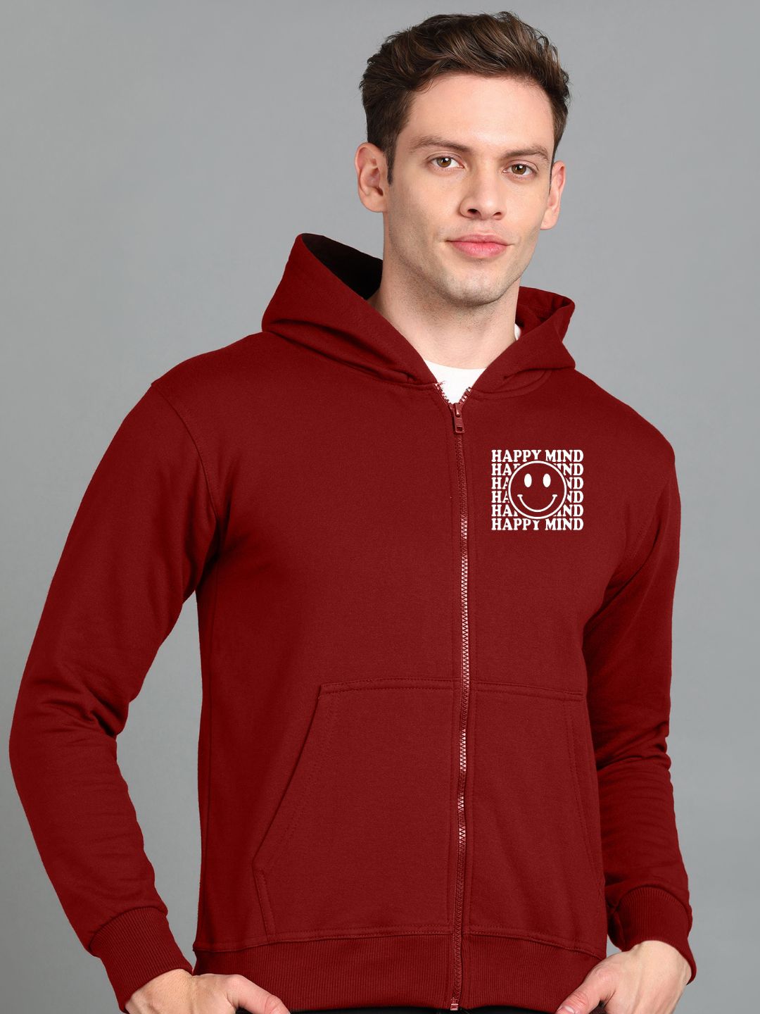 Happy Mind Printed Men Winter Full Sleeve Zipper Hooded Hoodie with 2 Kangaroo Pockets