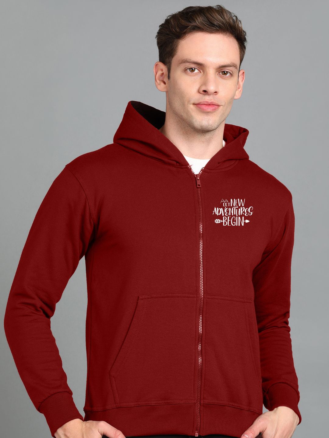 Travel Printed Men Winter Full Sleeve Zipper Hooded Hoodie with 2 Kangaroo Pockets