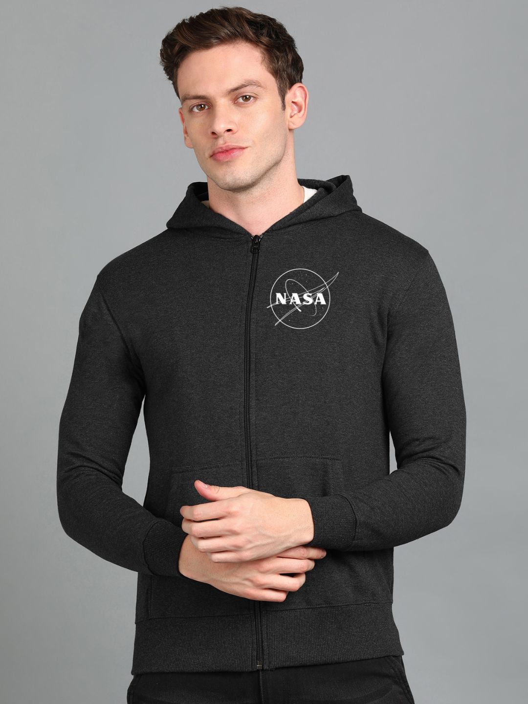 Nasa Printed Men Winter Full Sleeve Zipper Hooded Hoodie with 2 Kangaroo Pockets