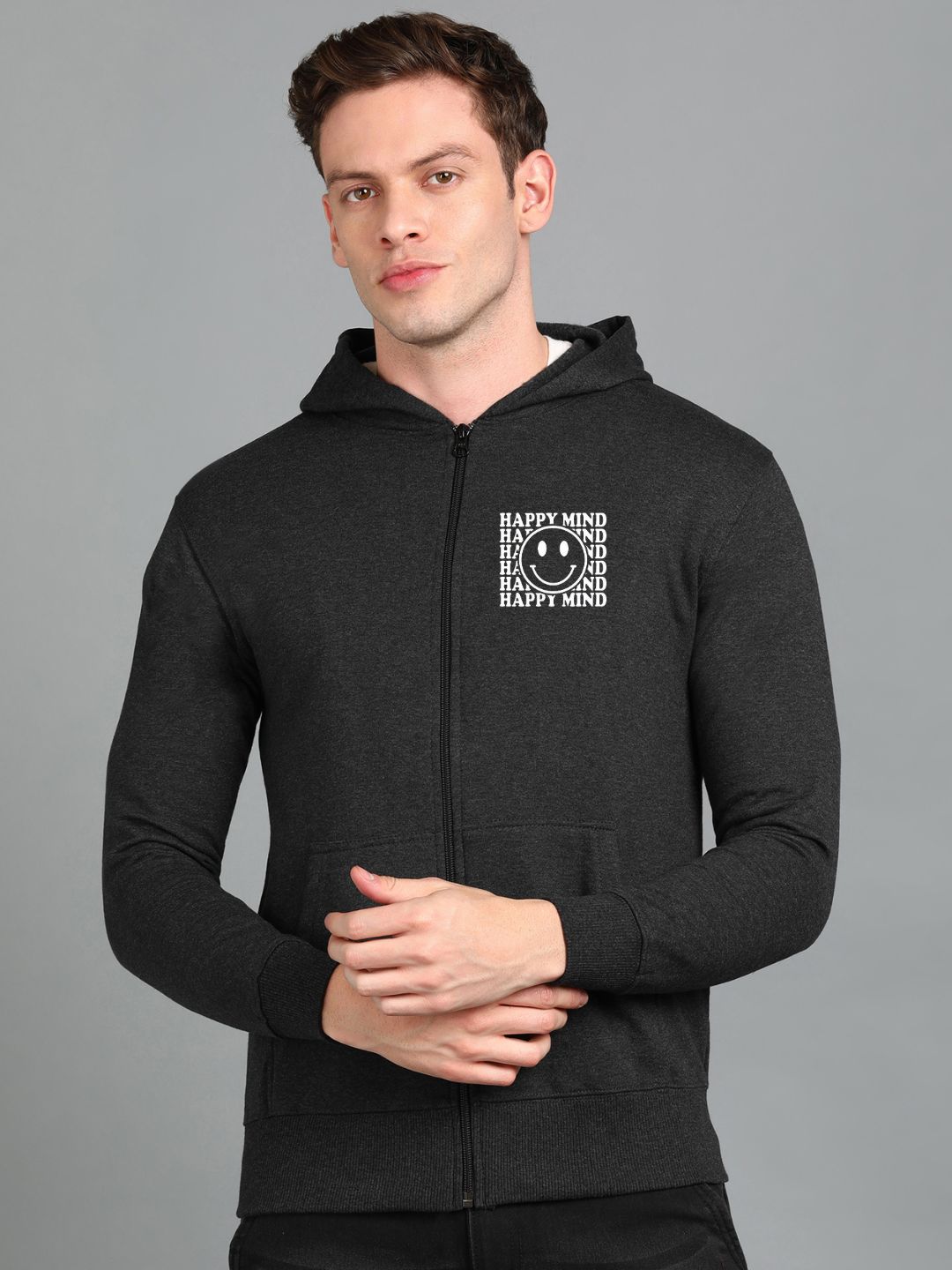 Happy Mind Printed Men Winter Full Sleeve Zipper Hooded Hoodie with 2 Kangaroo Pockets