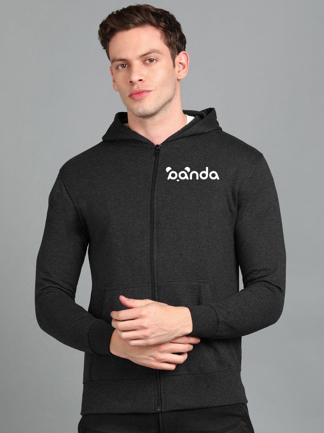 Panda Printed Men Winter Full Sleeve Zipper Hooded Hoodie with 2 Kangaroo Pockets