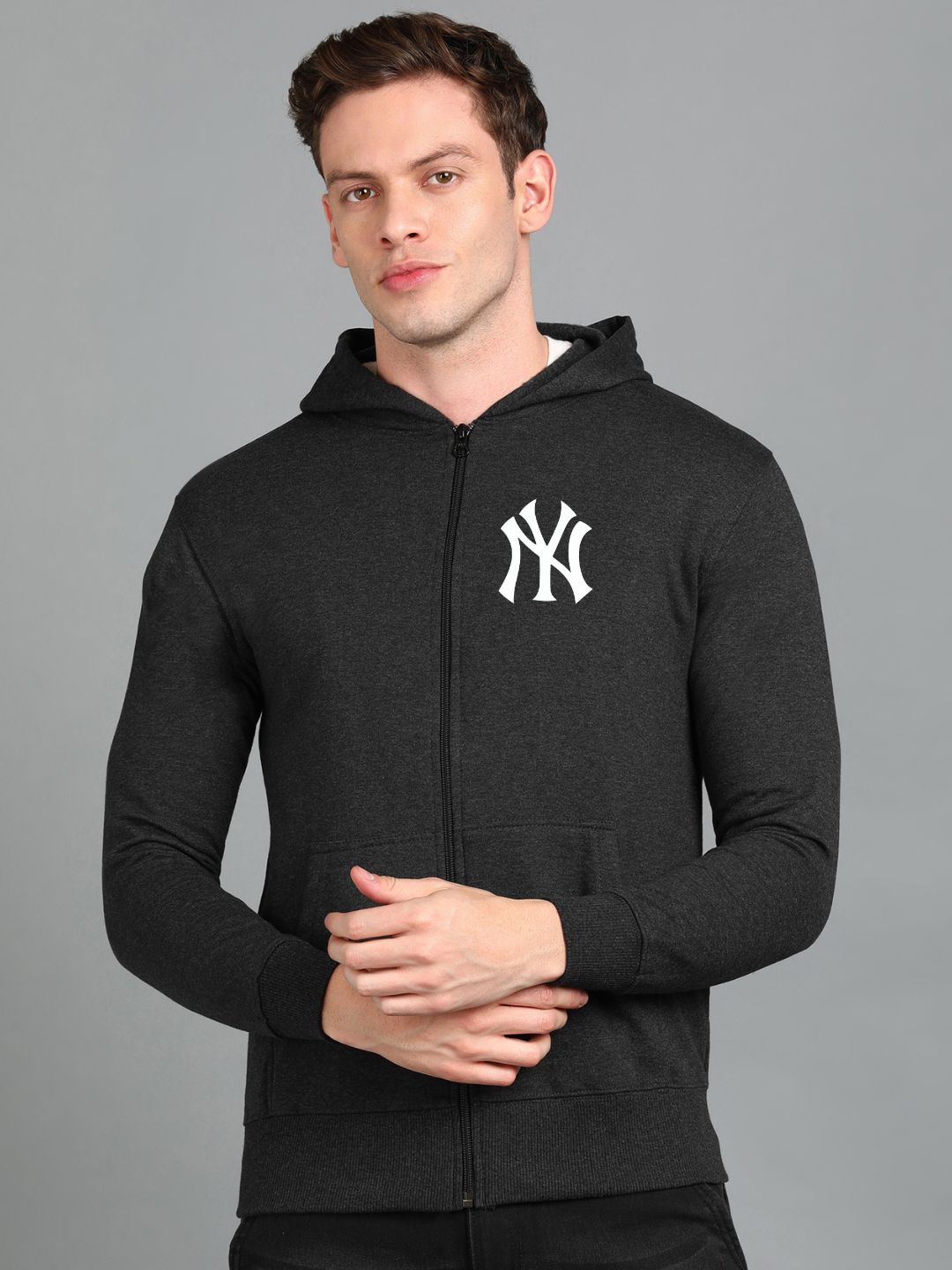 Nyc Printed Men Winter Full Sleeve Zipper Hooded Hoodie with 2 Kangaroo Pockets