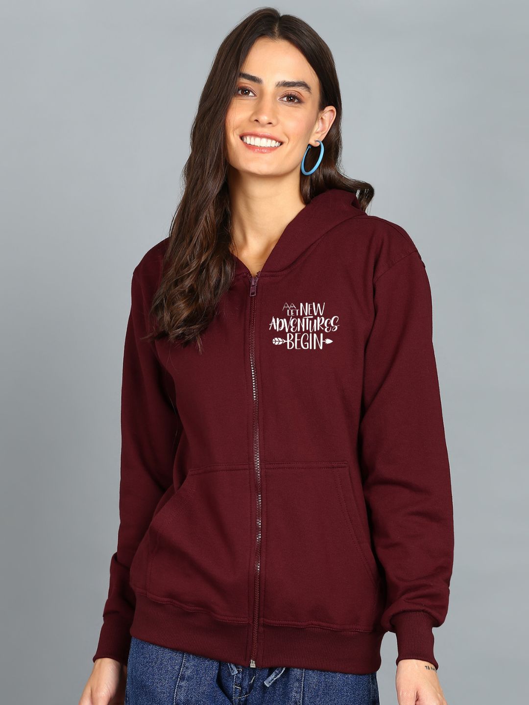 New Adventure Begin Printed Women's Cotton Full Zipper Sweatshirt Hoodies with Kangaroo Pocket Winter Wear Hooded Neck Sweatshirt