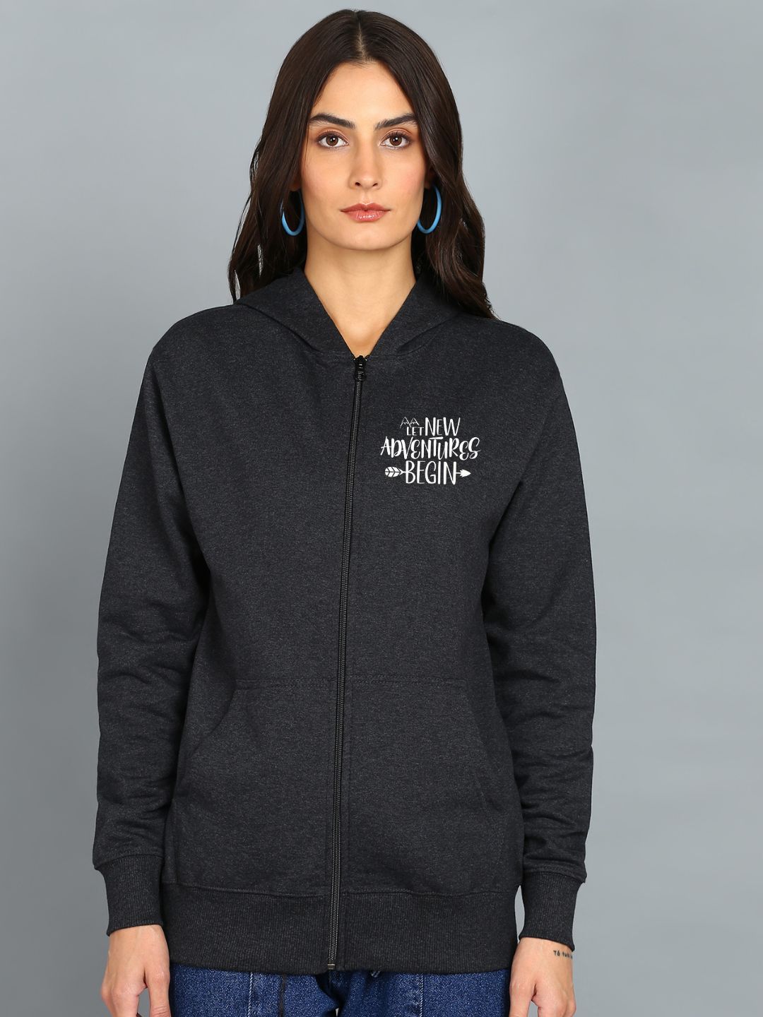 New Adventure Begin Printed Women's Cotton Full Zipper Sweatshirt Hoodies with Kangaroo Pocket Winter Wear Hooded Neck Sweatshirt