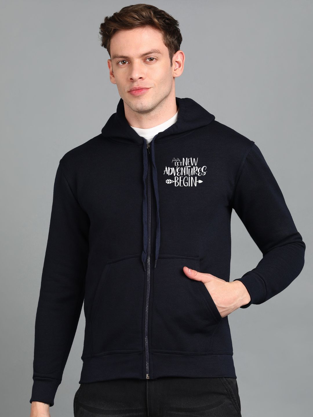 Travel Printed Men Winter Full Sleeve Zipper Hooded Hoodie with 2 Kangaroo Pockets