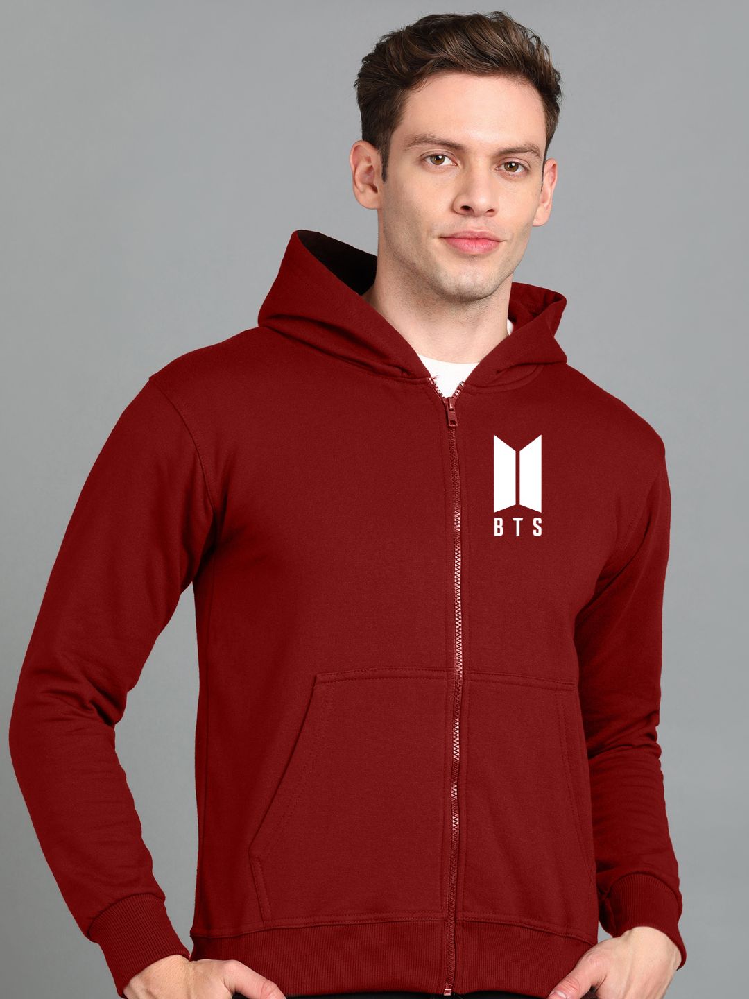 Printed Men Winter Full Sleeve Zipper Hooded Hoodie with 2 Kangaroo Pockets