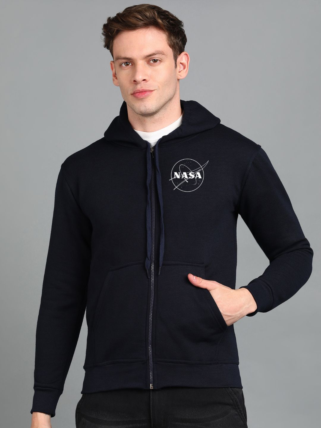 Nasa Printed Men Winter Full Sleeve Zipper Hooded Hoodie with 2 Kangaroo Pockets