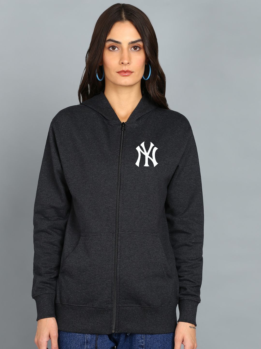 Nyc Printed Women's Cotton Full Zipper Sweatshirt Hoodies with Kangaroo Pocket Winter Wear Hooded Neck Sweatshirt