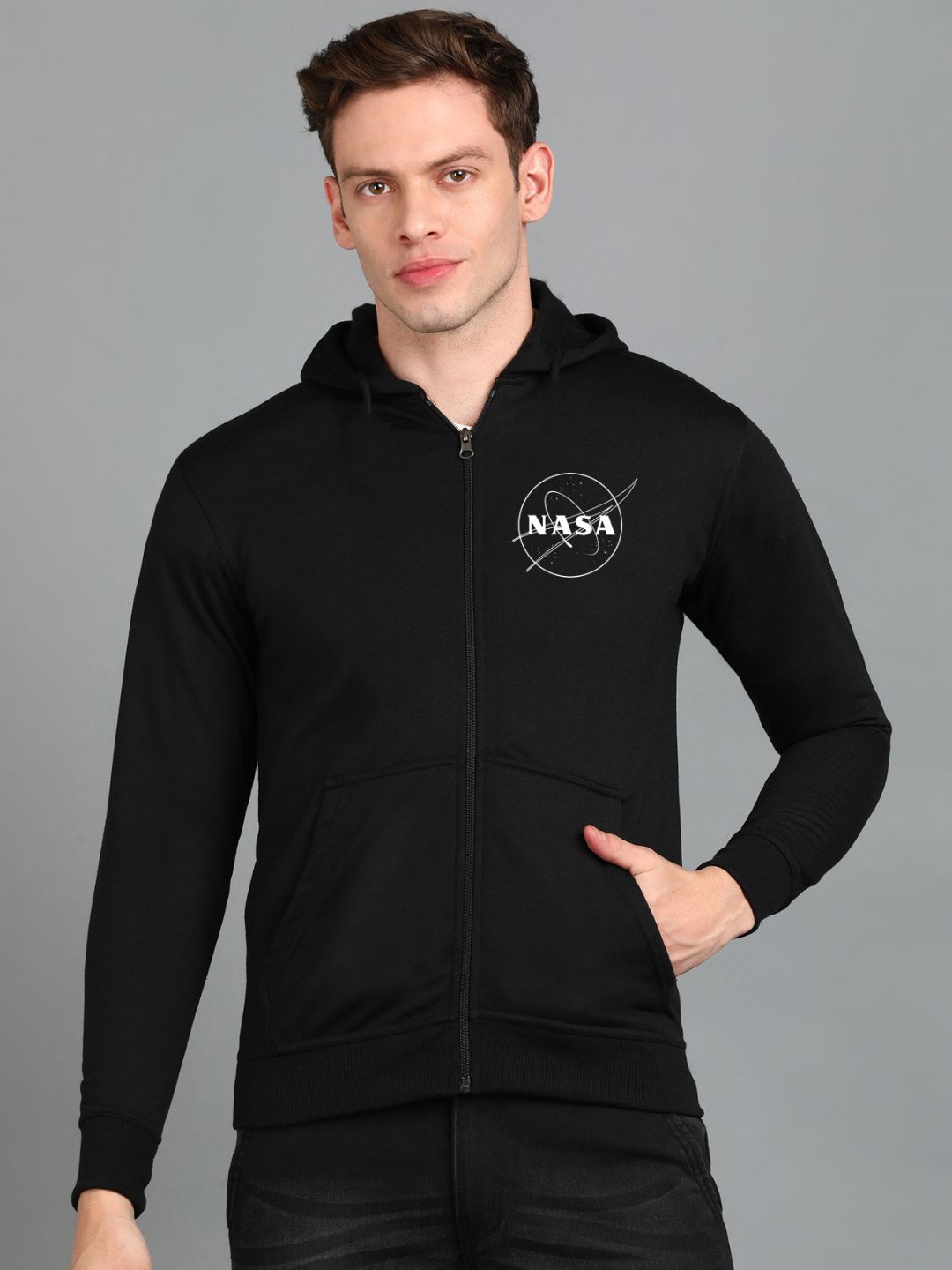 Nasa Printed Men Winter Full Sleeve Zipper Hooded Hoodie with 2 Kangaroo Pockets