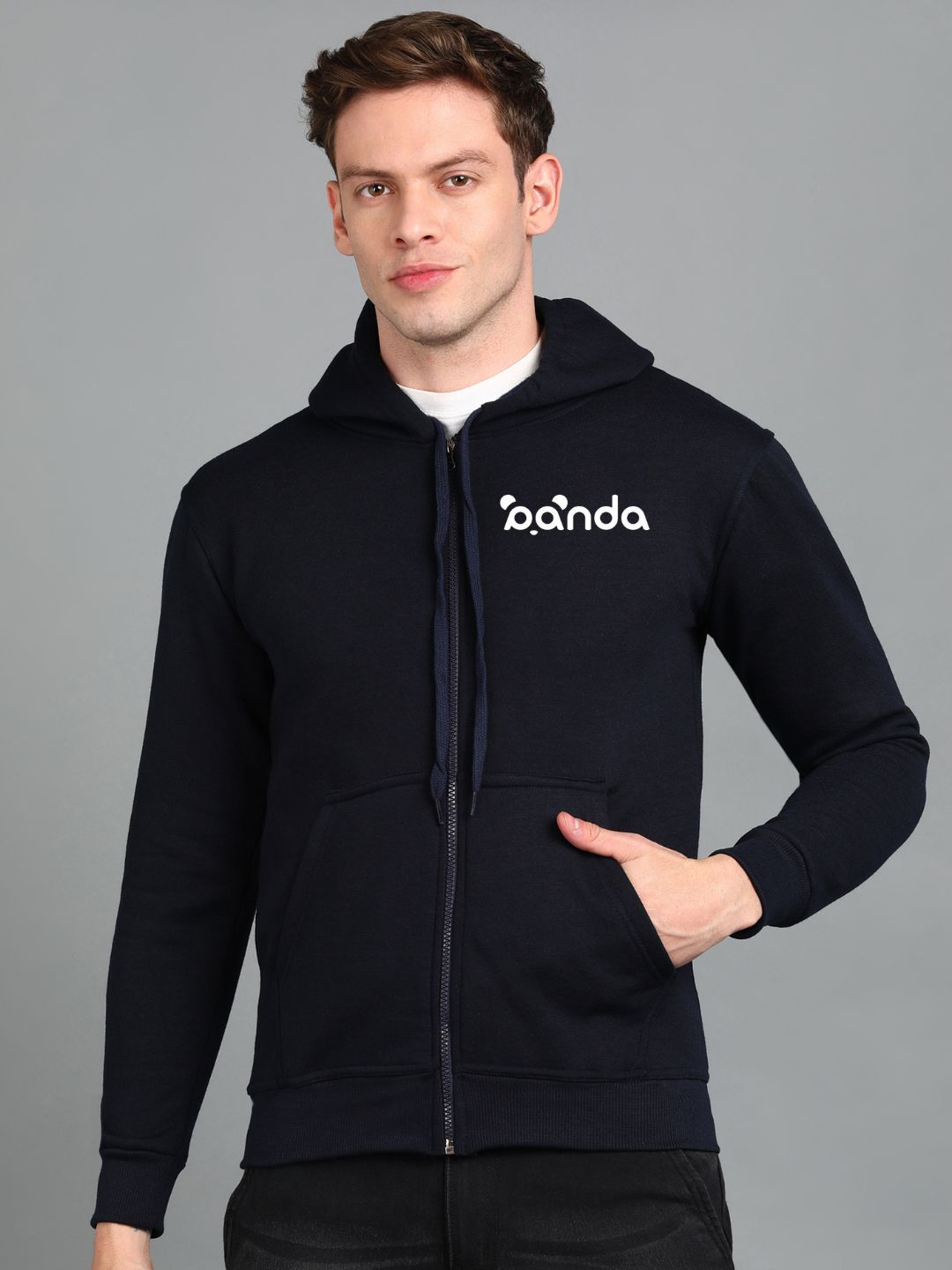 Panda Printed Men Winter Full Sleeve Zipper Hooded Hoodie with 2 Kangaroo Pockets