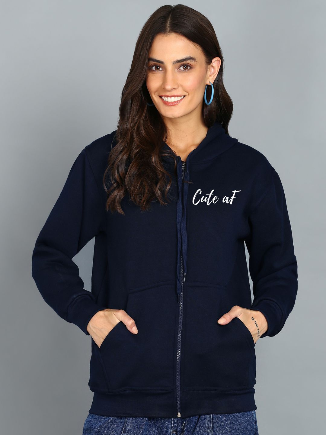 Cute Af Printed Women's Cotton Full Zipper Sweatshirt Hoodies with Kangaroo Pocket Winter Wear Hooded Neck Sweatshirt