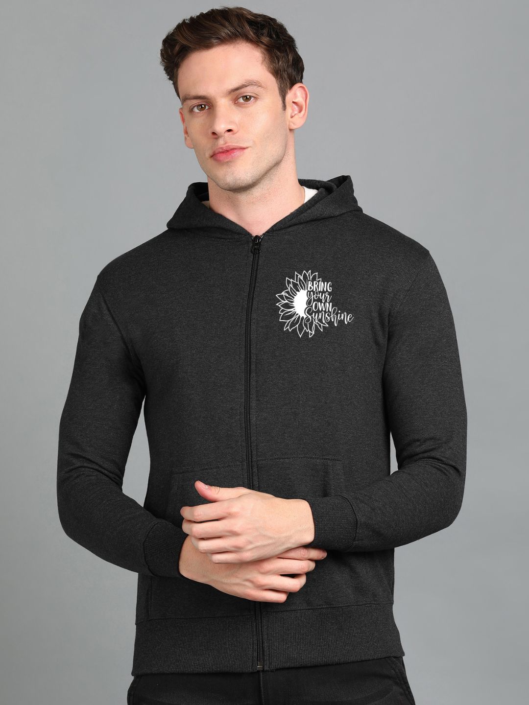 Sunshine Printed Men Winter Full Sleeve Zipper Hooded Hoodie with 2 Kangaroo Pockets
