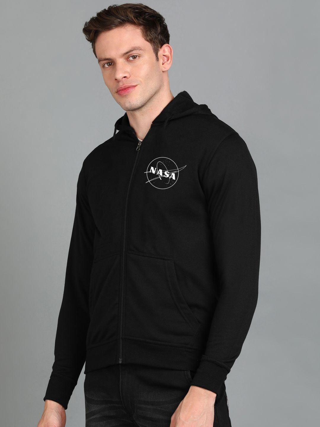 Nasa Printed Men Winter Full Sleeve Zipper Hooded Hoodie with 2 Kangaroo Pockets