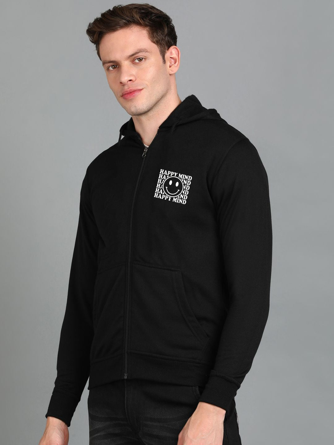 Happy Mind Printed Men Winter Full Sleeve Zipper Hooded Hoodie with 2 Kangaroo Pockets