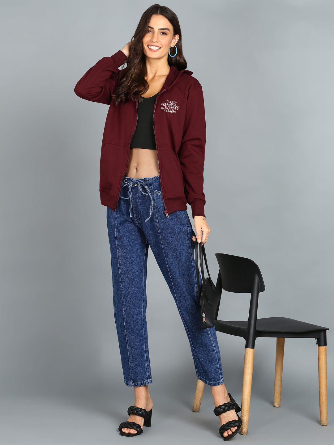New Adventure Begin Printed Women's Cotton Full Zipper Sweatshirt Hoodies with Kangaroo Pocket Winter Wear Hooded Neck Sweatshirt