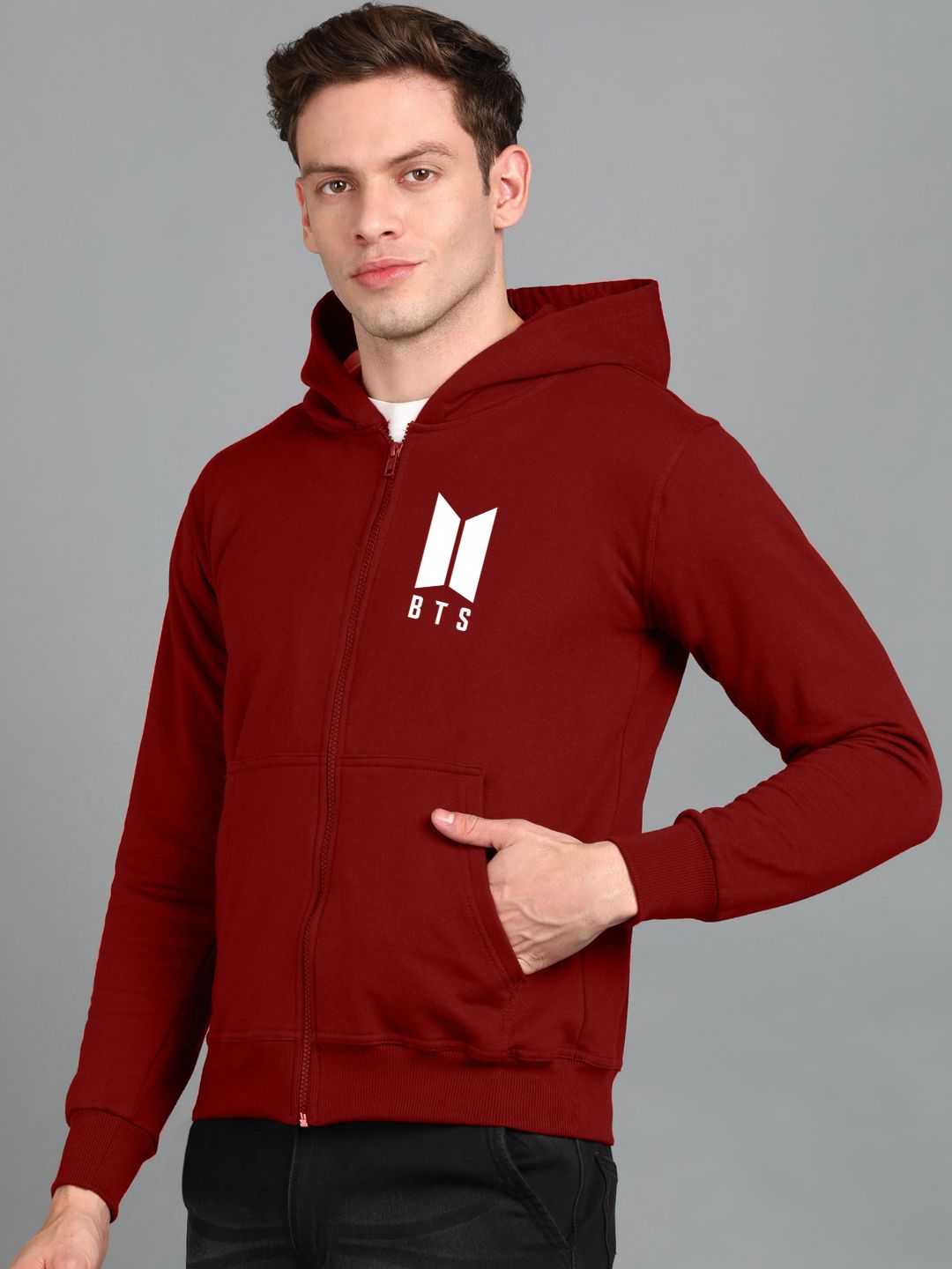 Printed Men Winter Full Sleeve Zipper Hooded Hoodie with 2 Kangaroo Pockets
