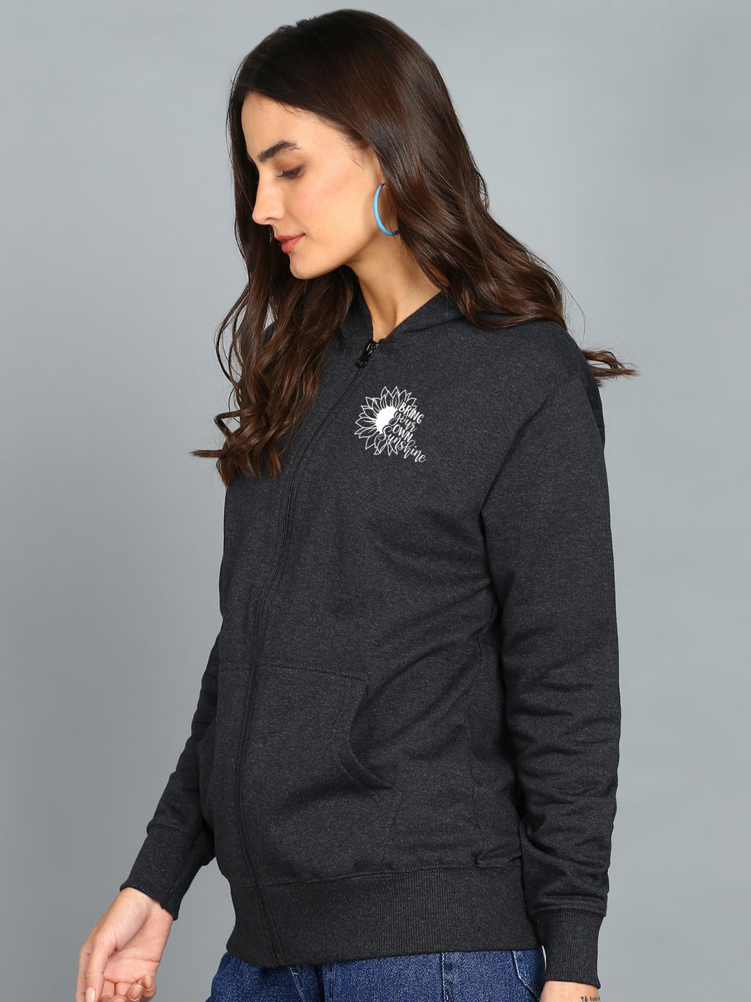 Sunshine Printed Women's Cotton Full Zipper Sweatshirt Hoodies with Kangaroo Pocket Winter Wear Hooded Neck Sweatshirt