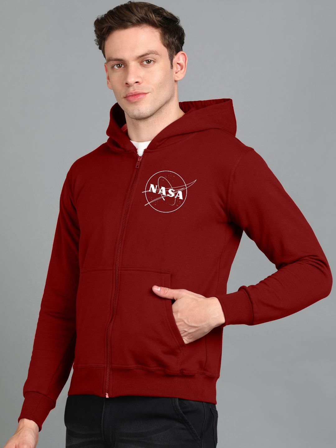 Nasa Printed Men Winter Full Sleeve Zipper Hooded Hoodie with 2 Kangaroo Pockets