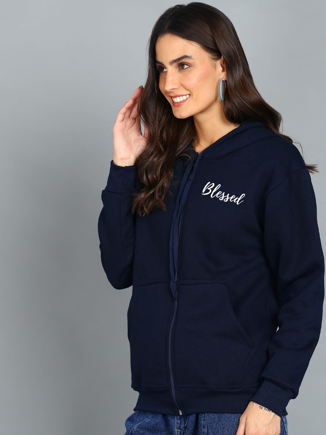 Blessed Printed Women's Cotton Full Zipper Sweatshirt Hoodies with Kangaroo Pocket Winter Wear Hooded Neck Sweatshirt