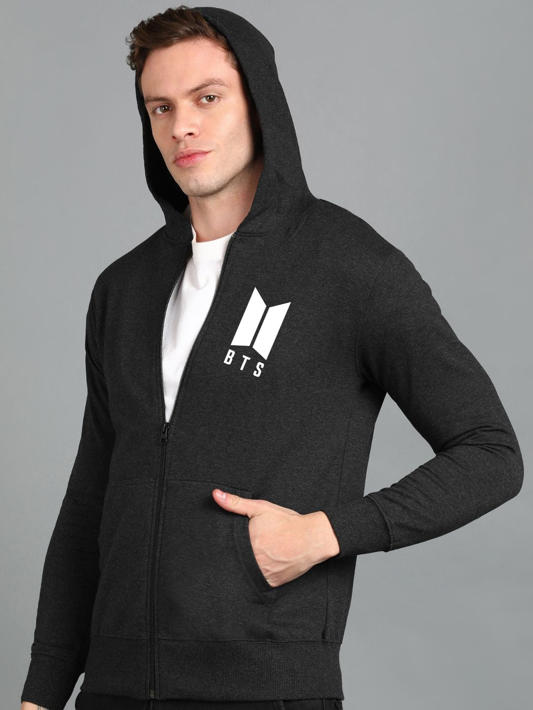 Printed Men Winter Full Sleeve Zipper Hooded Hoodie with 2 Kangaroo Pockets