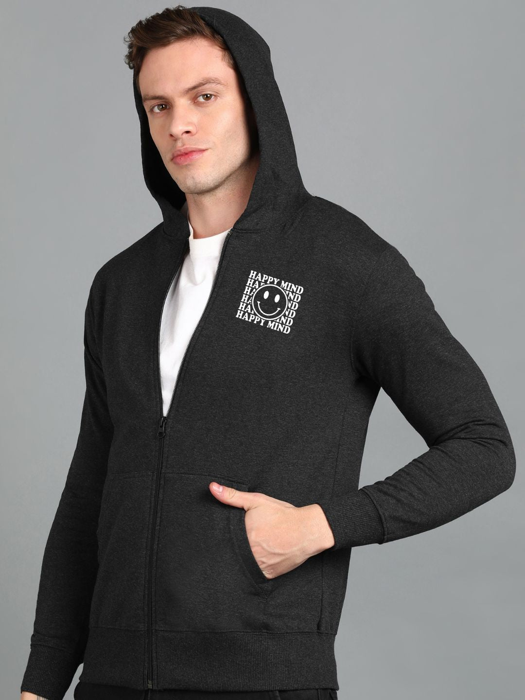 Happy Mind Printed Men Winter Full Sleeve Zipper Hooded Hoodie with 2 Kangaroo Pockets