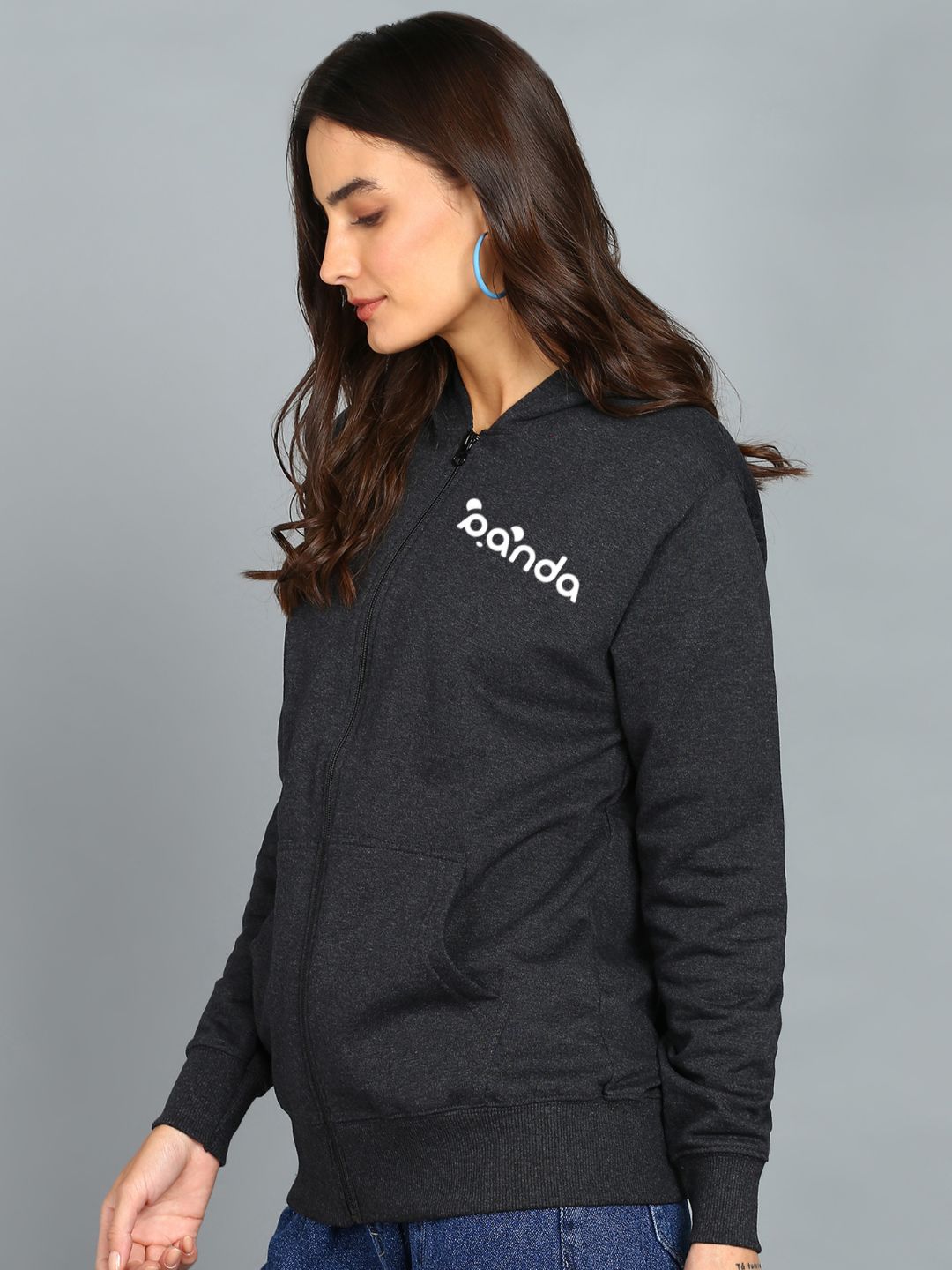 Panda Printed Women's Cotton Full Zipper Sweatshirt Hoodies with Kangaroo Pocket Winter Wear Hooded Neck Sweatshirt