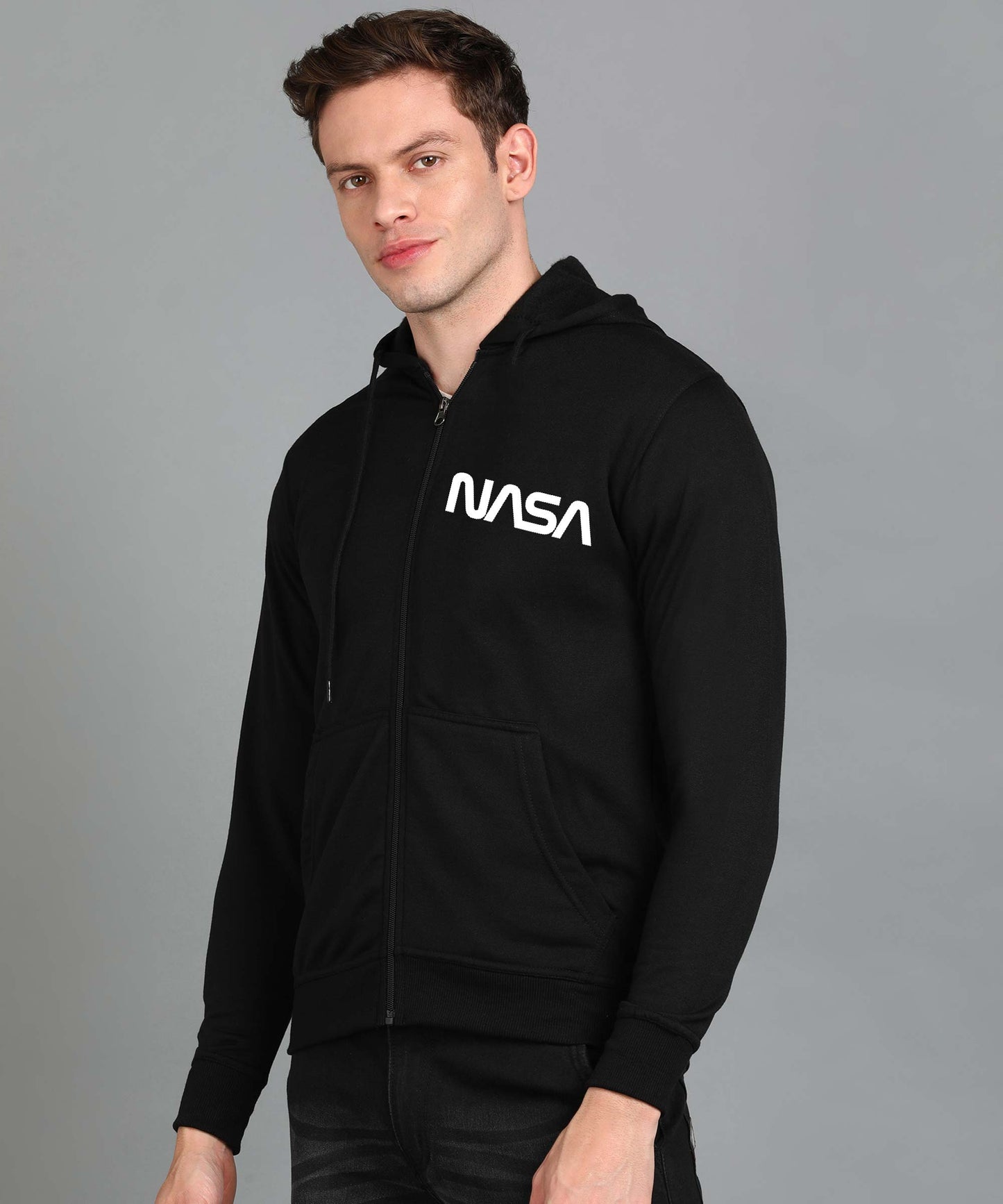 New Nasa Printed Men Winter Full Sleeve Zipper Hooded Hoodie with 2 Kangaroo Pockets