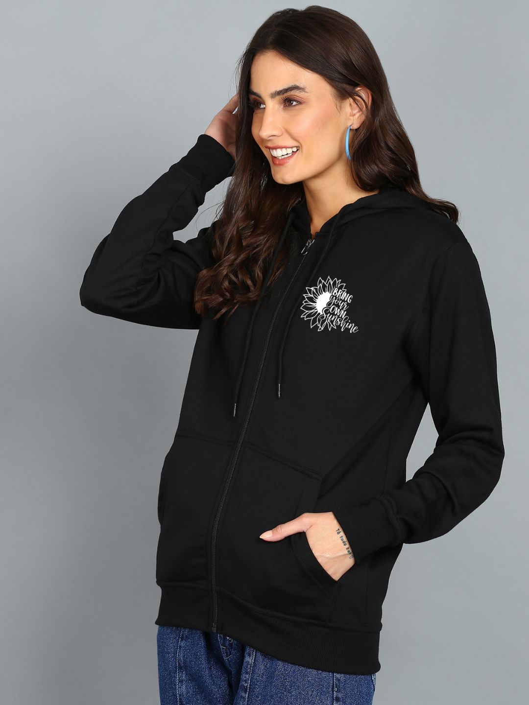 Sunshine Printed Women's Cotton Full Zipper Sweatshirt Hoodies with Kangaroo Pocket Winter Wear Hooded Neck Sweatshirt