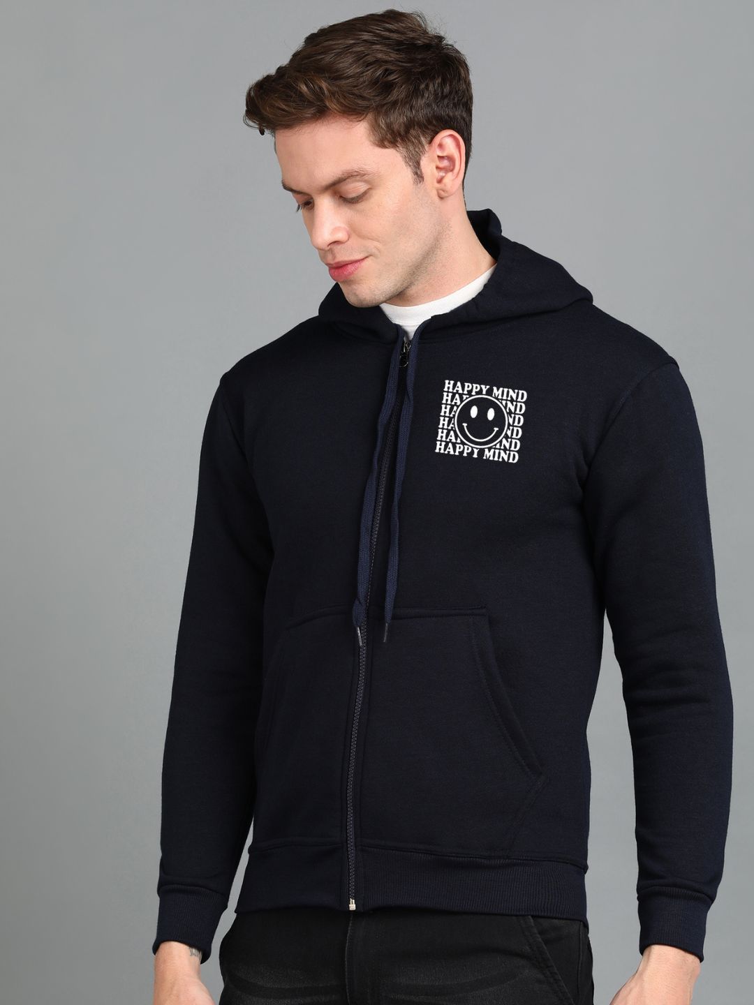 Happy Mind Printed Men Winter Full Sleeve Zipper Hooded Hoodie with 2 Kangaroo Pockets