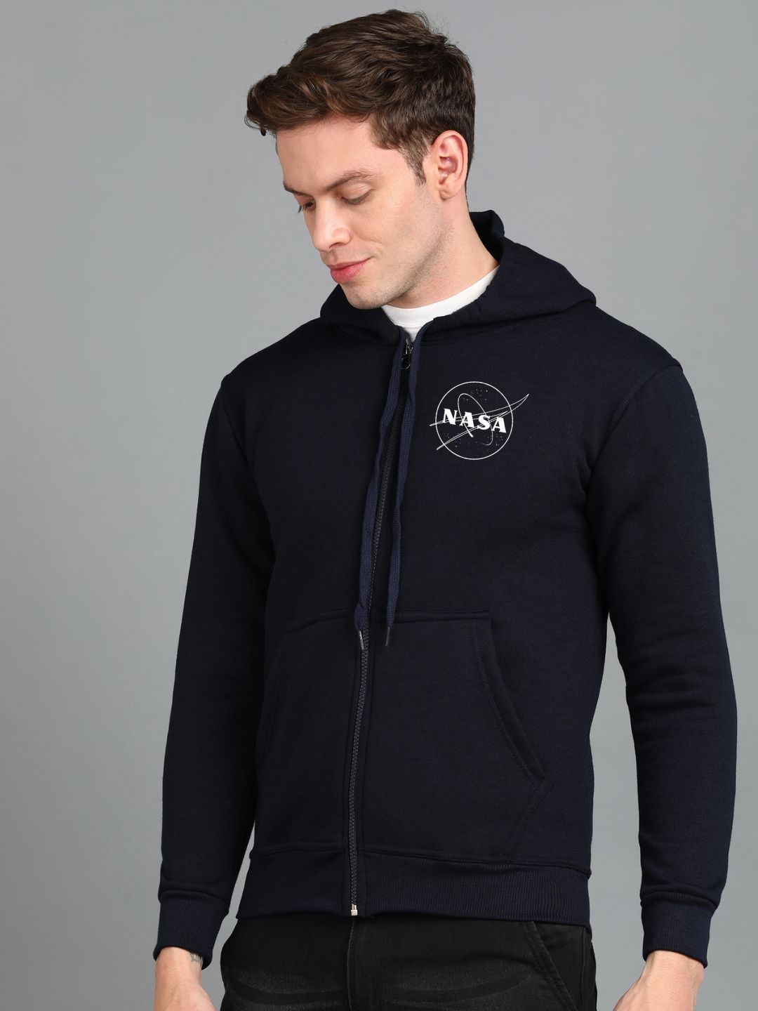 Nasa Printed Men Winter Full Sleeve Zipper Hooded Hoodie with 2 Kangaroo Pockets