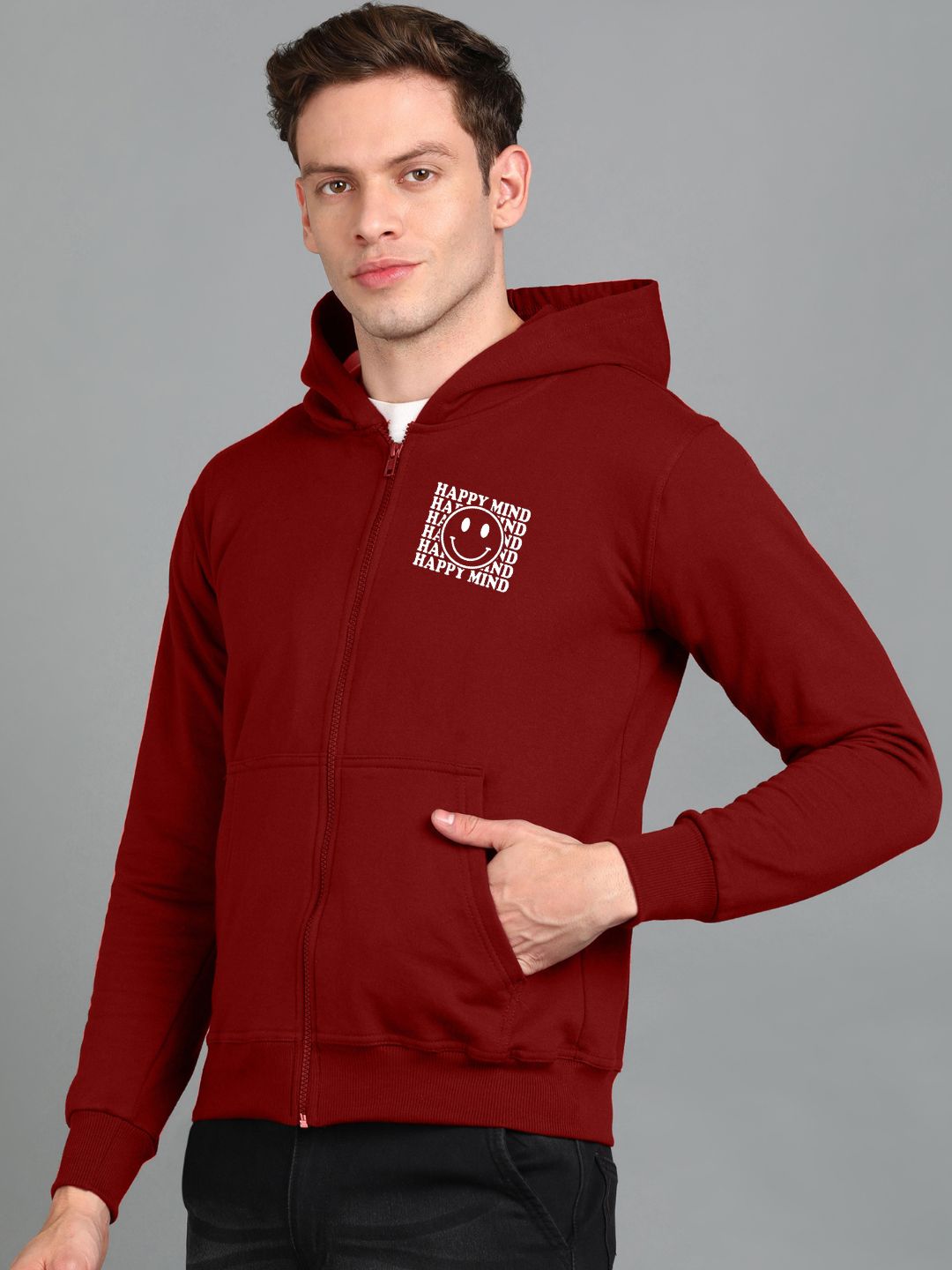 Happy Mind Printed Men Winter Full Sleeve Zipper Hooded Hoodie with 2 Kangaroo Pockets