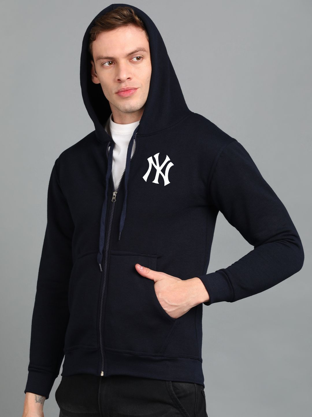 Nyc Printed Men Winter Full Sleeve Zipper Hooded Hoodie with 2 Kangaroo Pockets