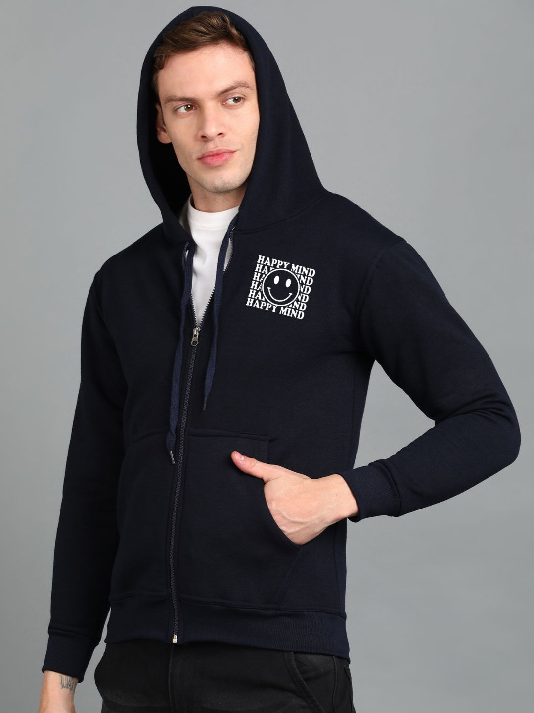 Happy Mind Printed Men Winter Full Sleeve Zipper Hooded Hoodie with 2 Kangaroo Pockets