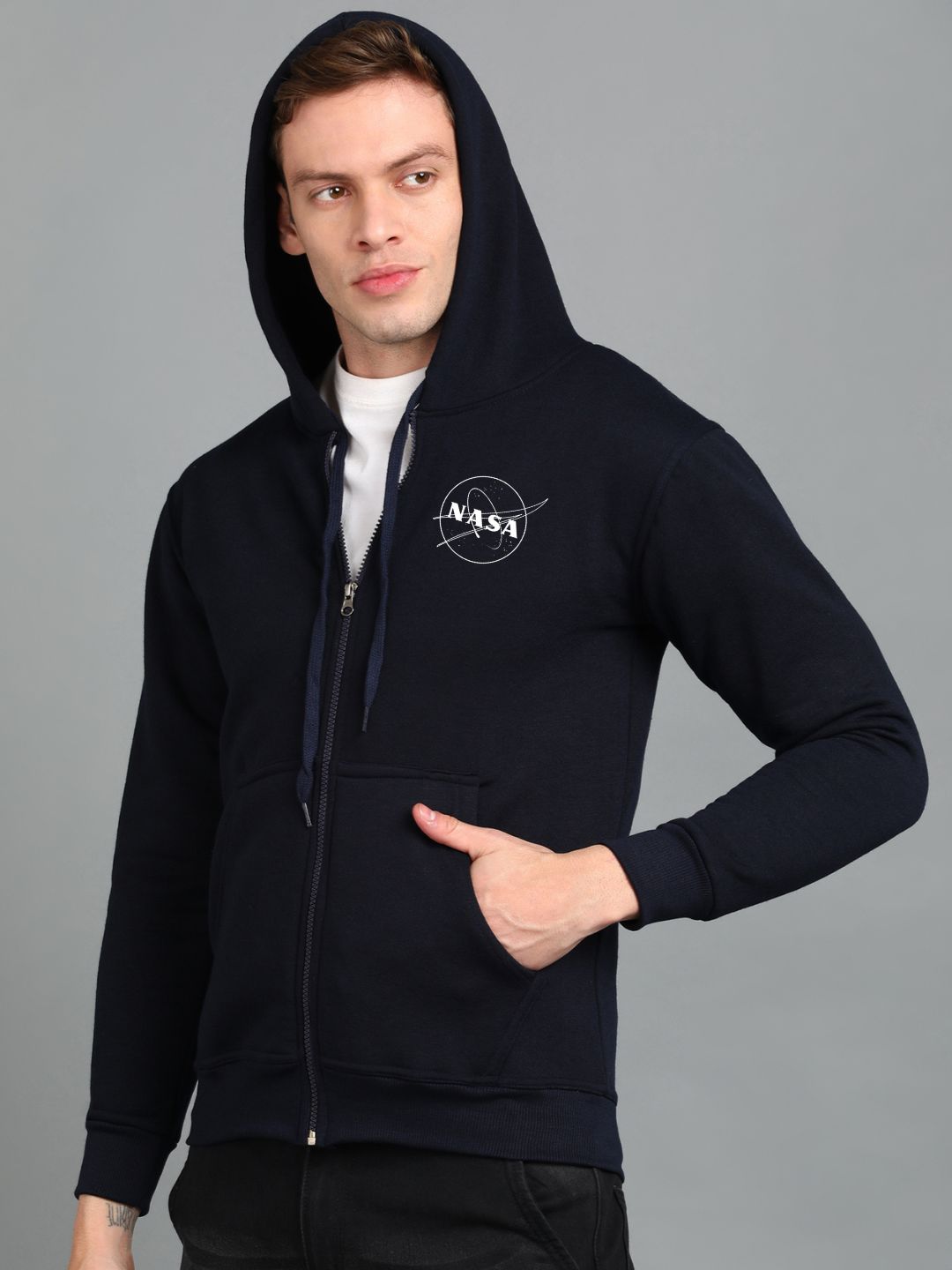 Nasa Printed Men Winter Full Sleeve Zipper Hooded Hoodie with 2 Kangaroo Pockets