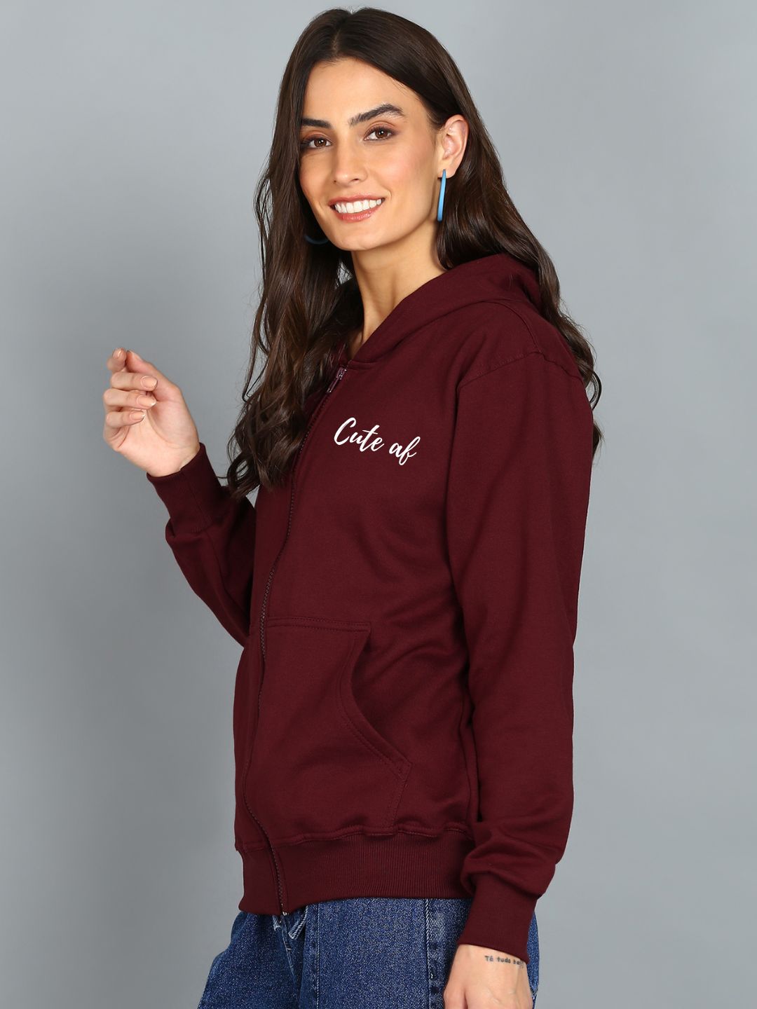 Cute Af Printed Women's Cotton Full Zipper Sweatshirt Hoodies with Kangaroo Pocket Winter Wear Hooded Neck Sweatshirt