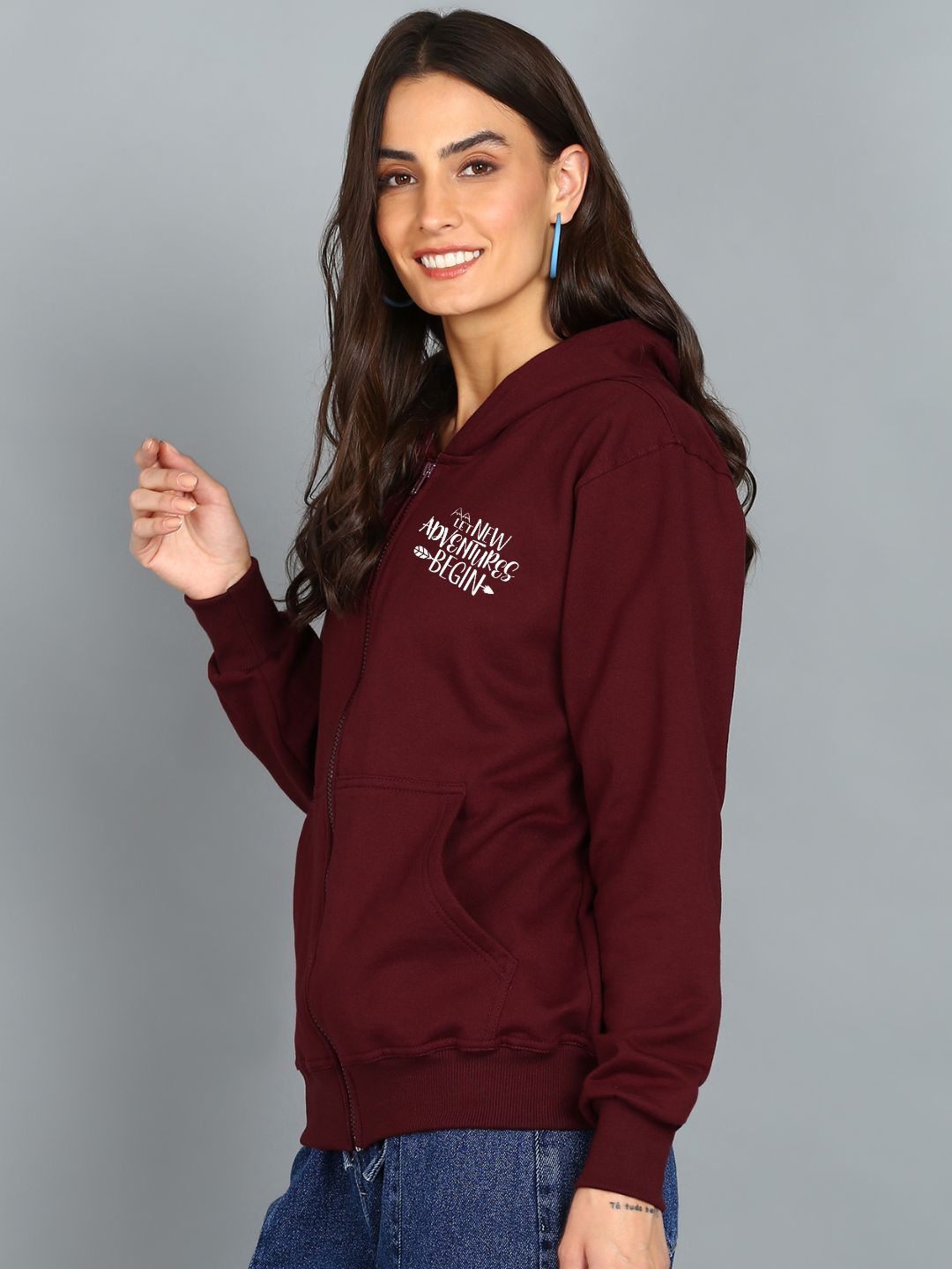 New Adventure Begin Printed Women's Cotton Full Zipper Sweatshirt Hoodies with Kangaroo Pocket Winter Wear Hooded Neck Sweatshirt