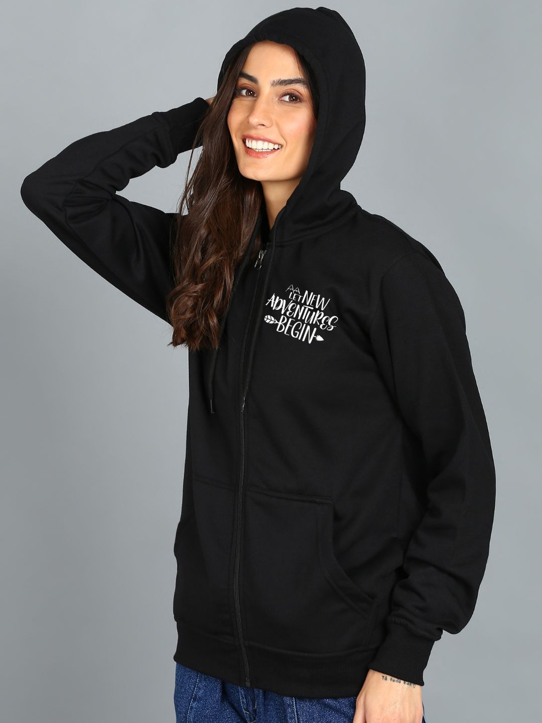 New Adventure Begin Printed Women's Cotton Full Zipper Sweatshirt Hoodies with Kangaroo Pocket Winter Wear Hooded Neck Sweatshirt