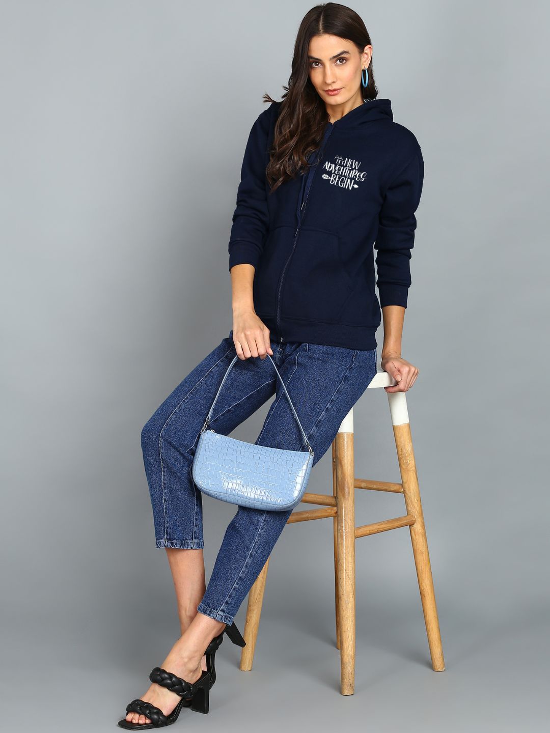 New Adventure Begin Printed Women's Cotton Full Zipper Sweatshirt Hoodies with Kangaroo Pocket Winter Wear Hooded Neck Sweatshirt