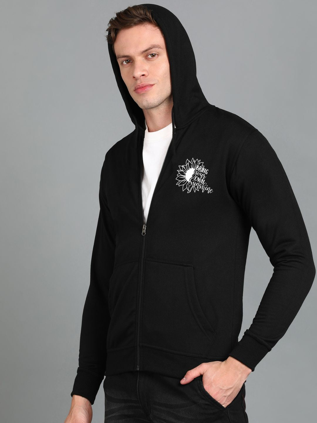Sunshine Printed Men Winter Full Sleeve Zipper Hooded Hoodie with 2 Kangaroo Pockets