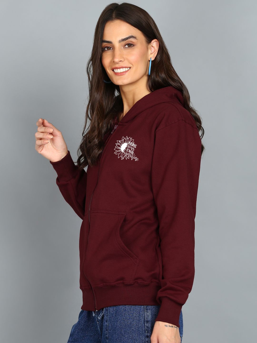 Sunshine Printed Women's Cotton Full Zipper Sweatshirt Hoodies with Kangaroo Pocket Winter Wear Hooded Neck Sweatshirt